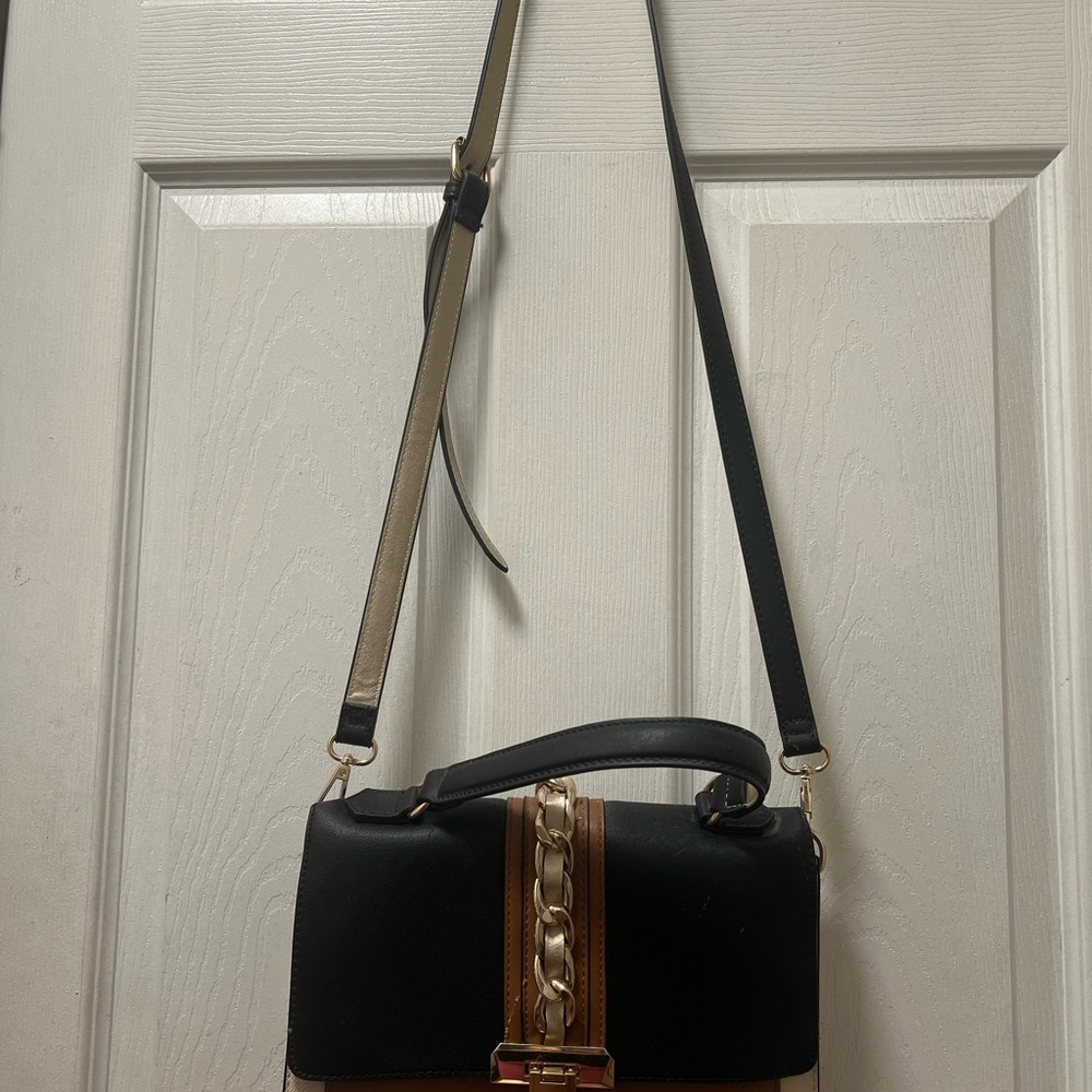 Aldo Black and Tan Crossbody Bag with Gold Accent